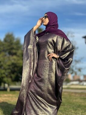 Metallic Purple Maxi Dress with Flowing Kimono Sleeves